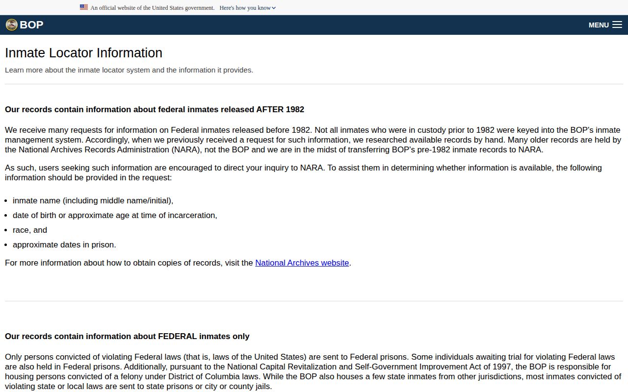 BOP records explanation for Carter County federal release lookup