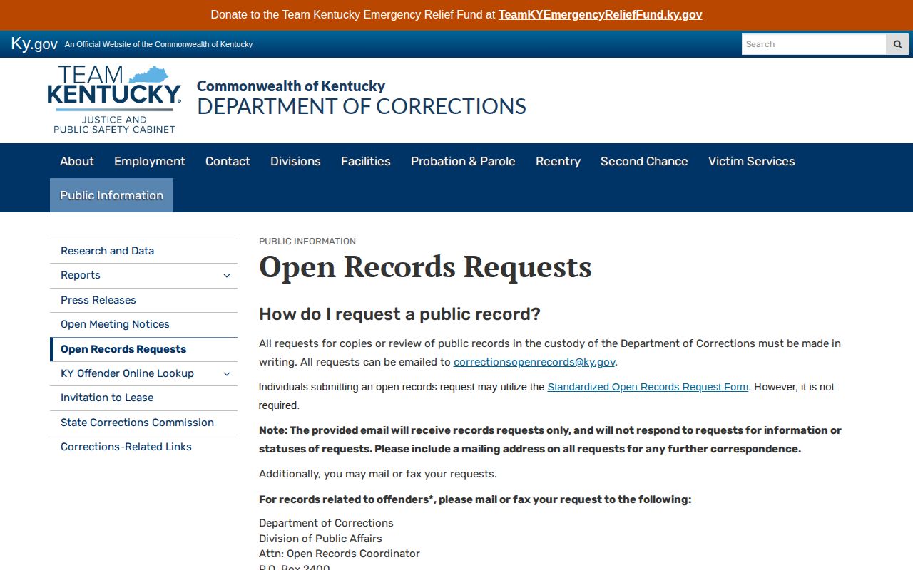 Kentucky DOC open records instructions for Carter County release records