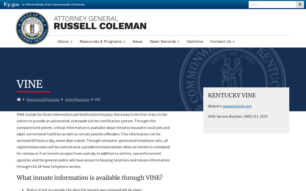 Kentucky Attorney General VINE instructions for a Carter County inmate release check